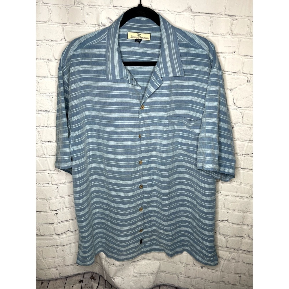 Tommy Bahama Mens Large 100% Silk Blue White Striped Short Sleeve Camp Shirt